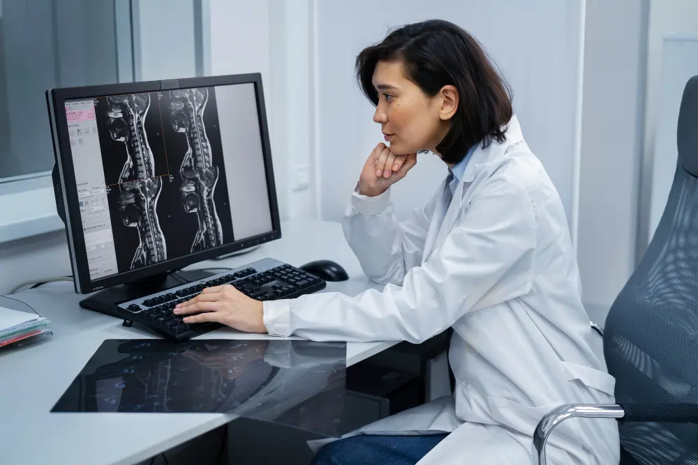 Radiologist analyzing medical scans on workstation